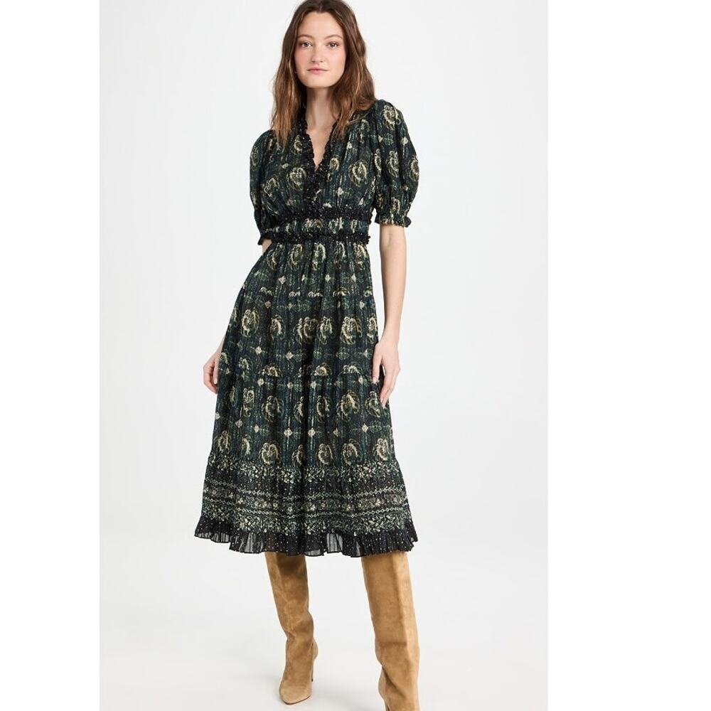 Ulla Johnson Elli Dress Women's 00 Green Paisley Puff Sleeve Pockets Cotton